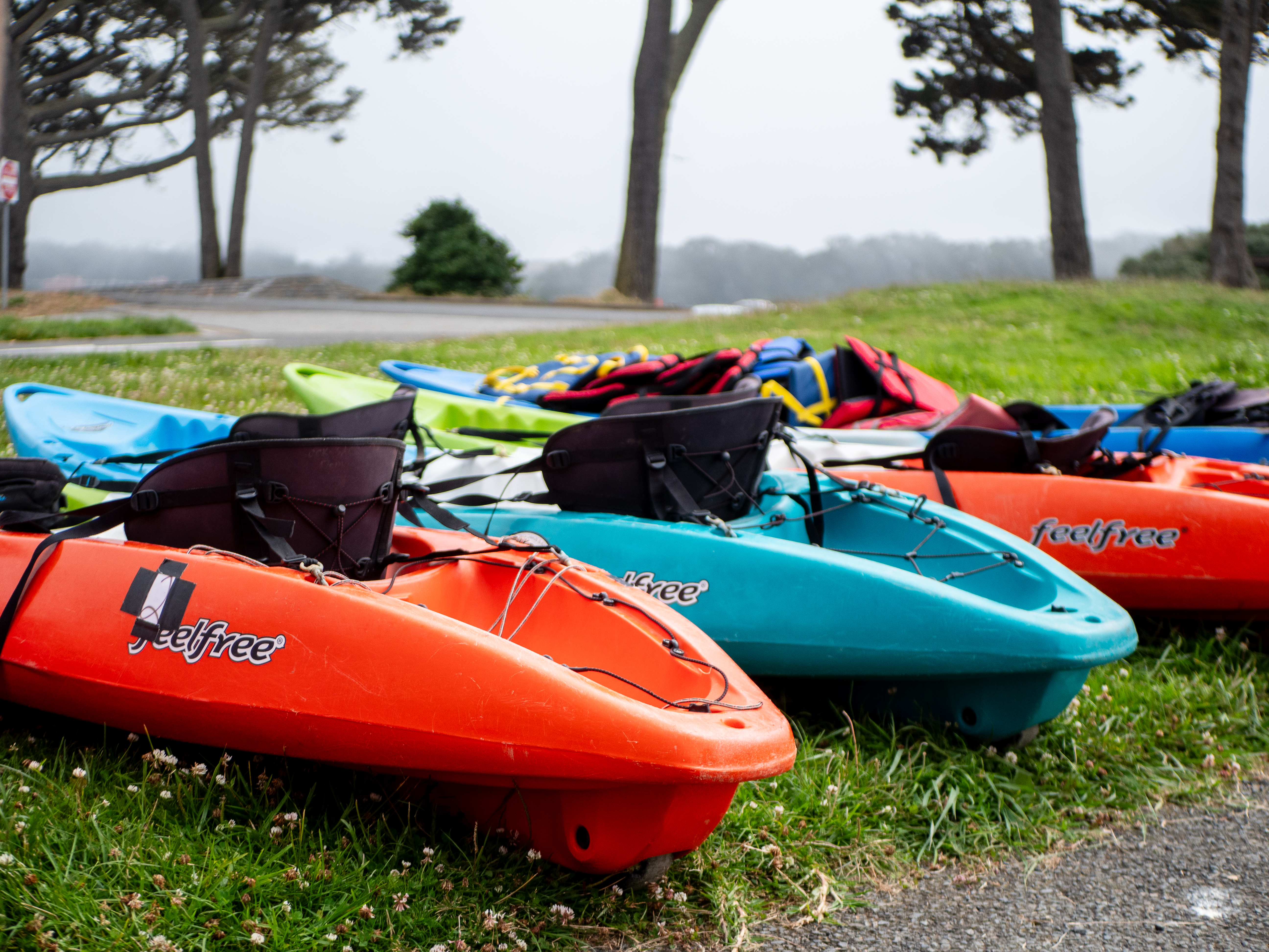 Kayaks waiting to be taken to the water