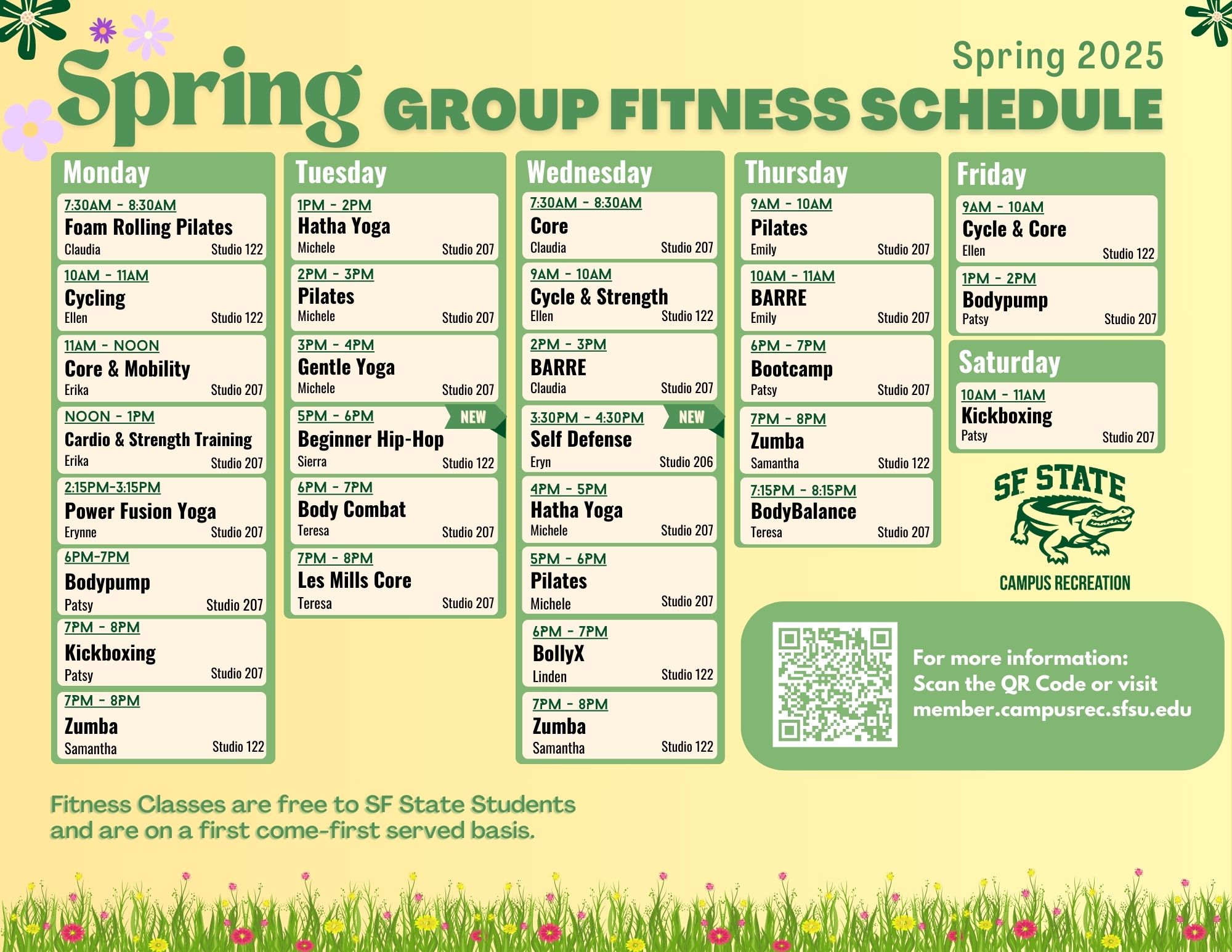 Weekly schedule of the SP25 Group Fitness Schedule at the Mashouf Wellness Center.