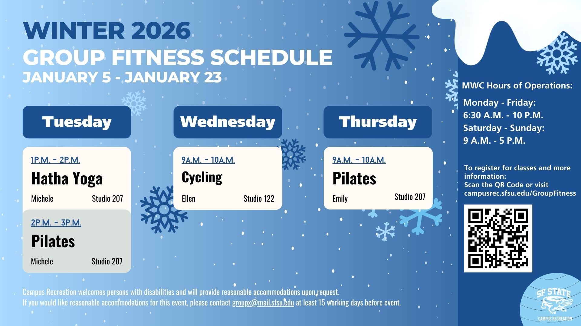 Schedule of Winter Group Fitness Classes with snowflakes and winter theme.