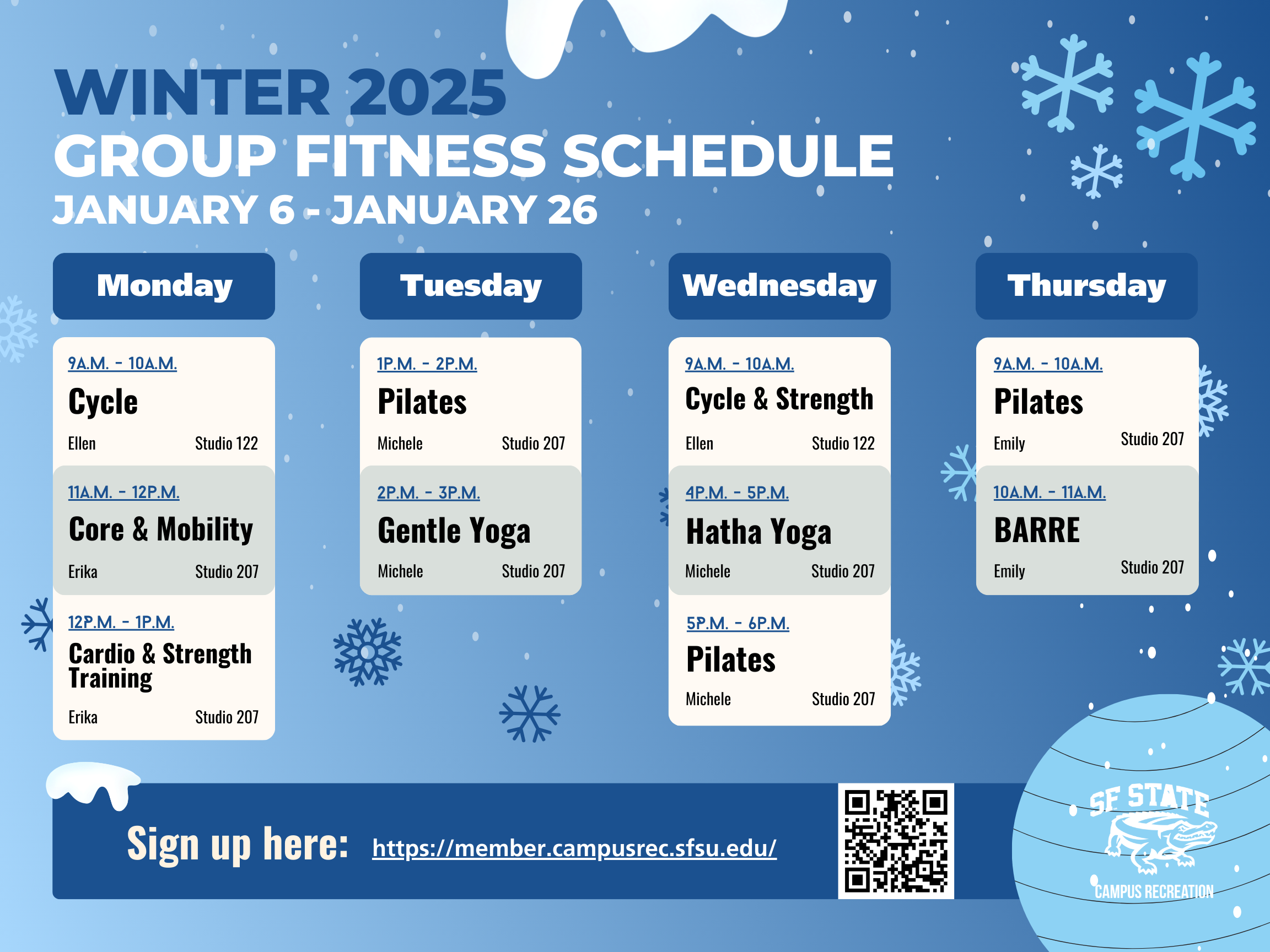 Winter 2025 Group Fitness Schedule for the Mashouf Wellness Center.