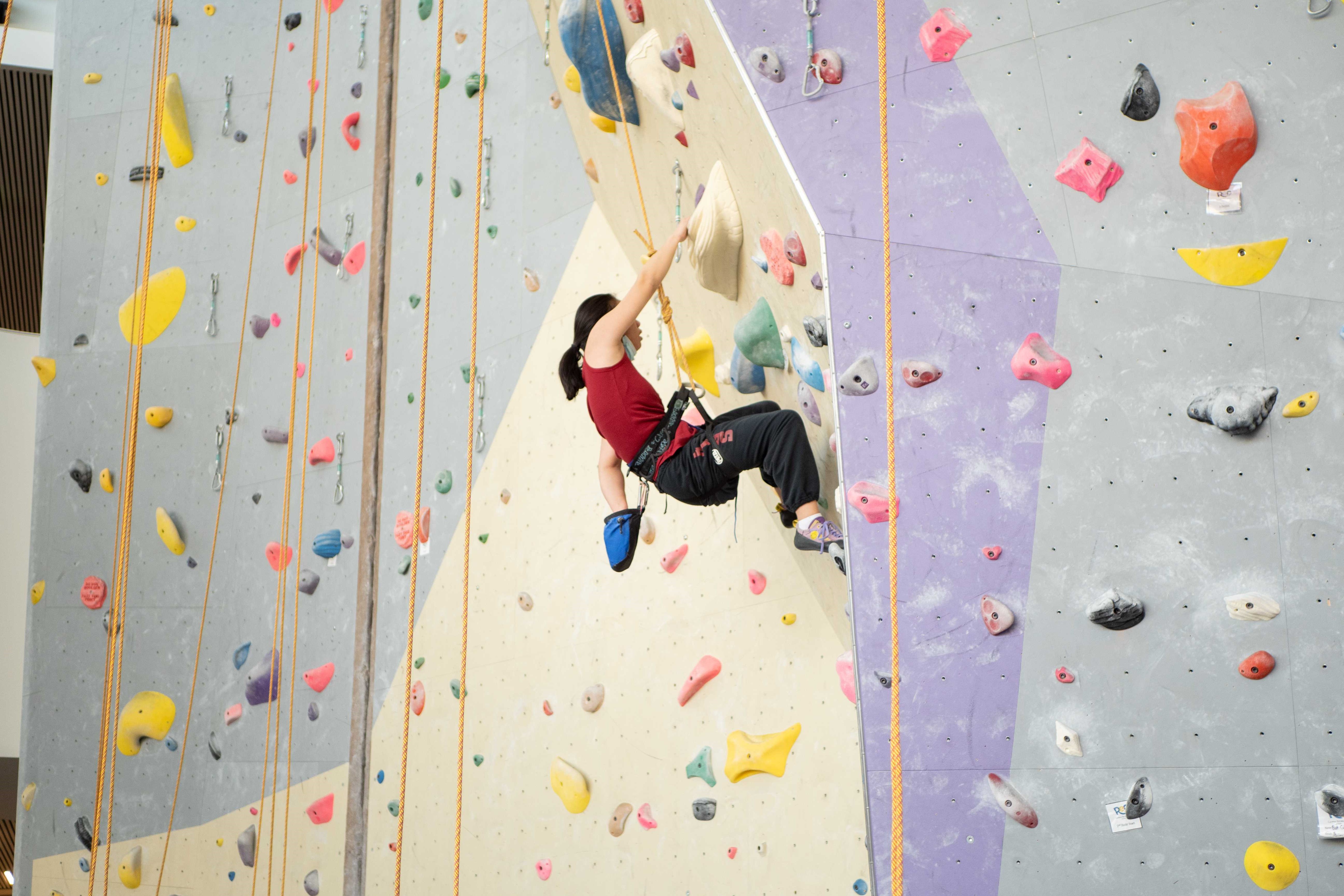 Woman climbing the wall at the Mashouf Wellness Center