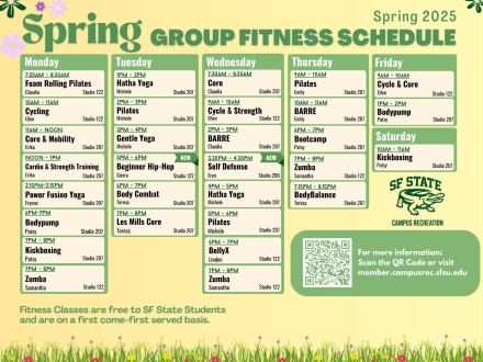 Weekly schedule of the SP25 Group Fitness Schedule at the Mashouf Wellness Center.